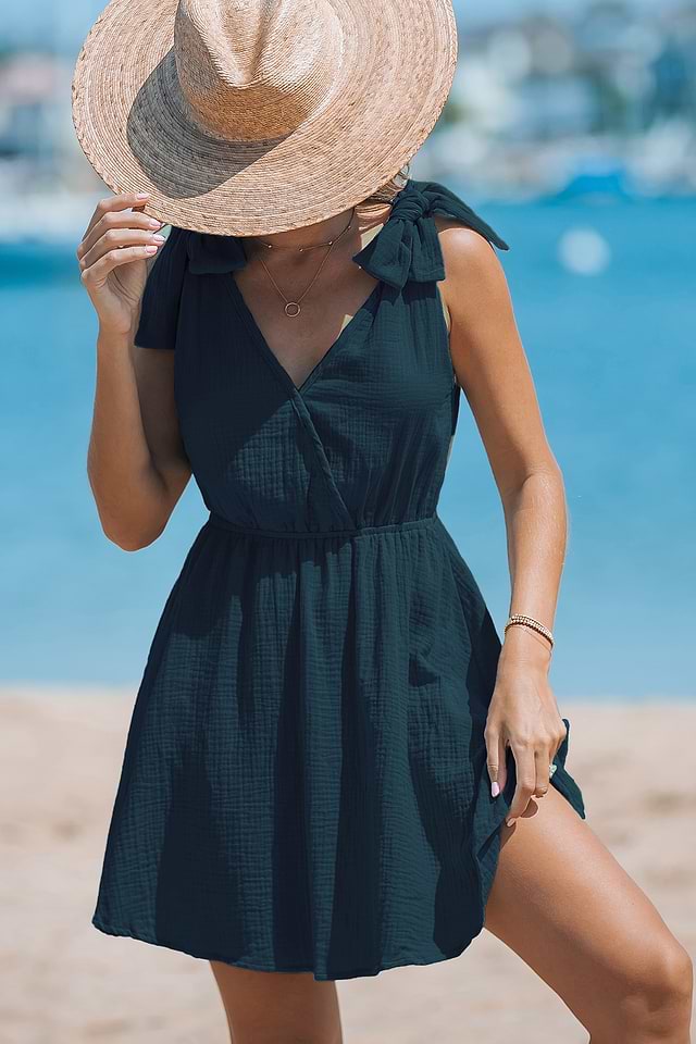 Navy Sleeveless Surplice Bow Mini Dress