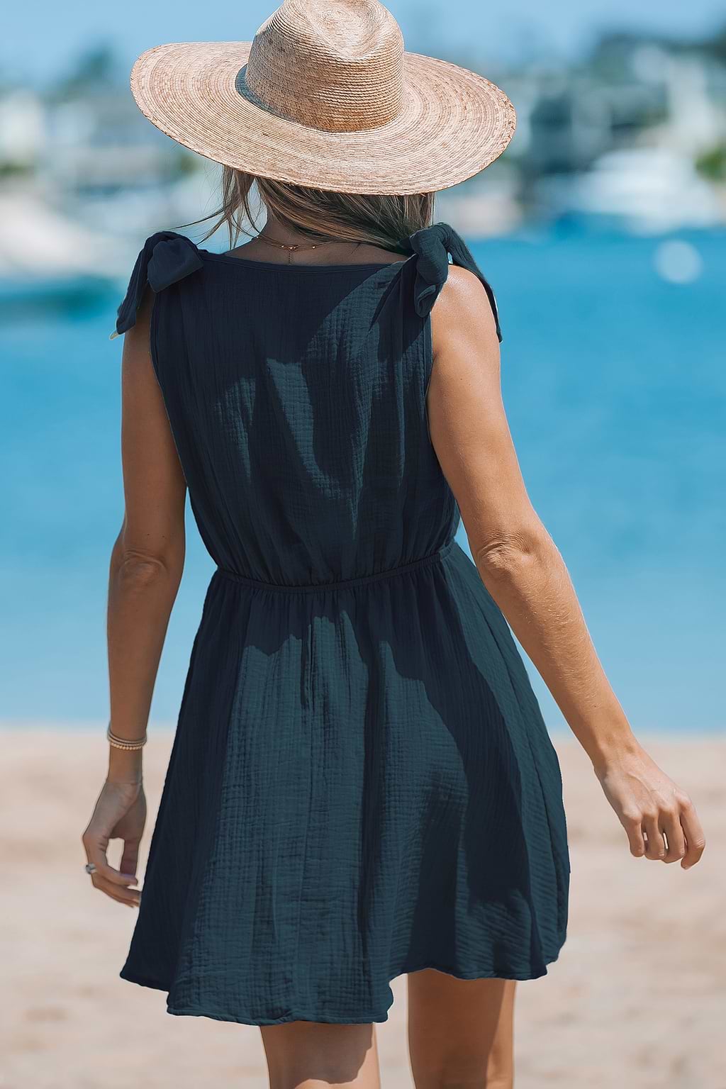 Navy Sleeveless Surplice Bow Mini Dress