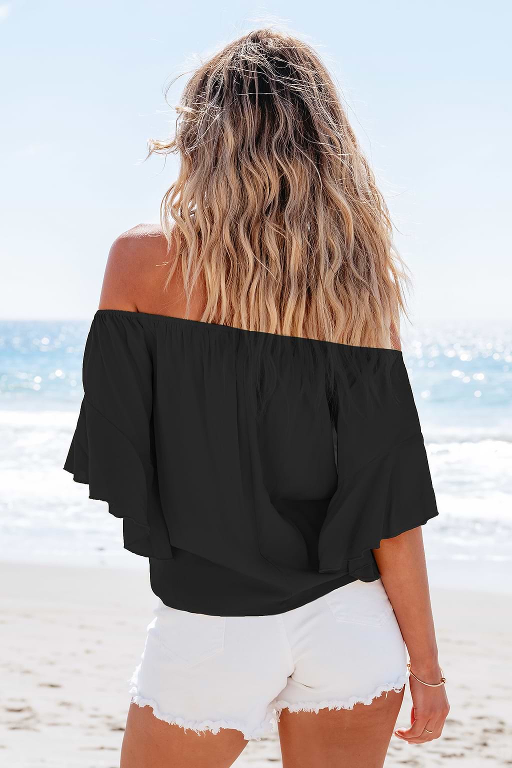 Blouse avec manches à volants et épaules dénudées noire