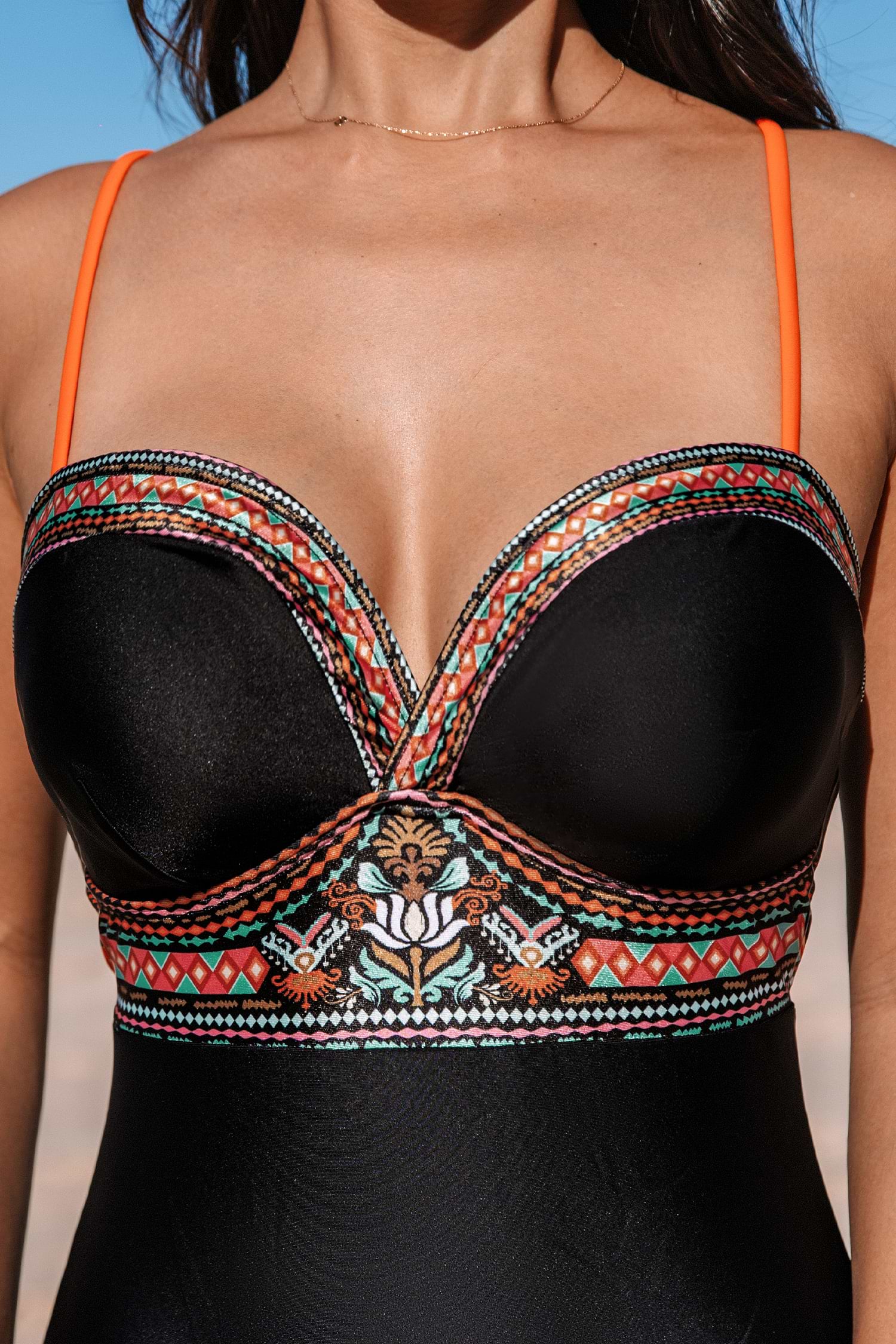 Floral Geo Print Trim One-Piece Swimsuit