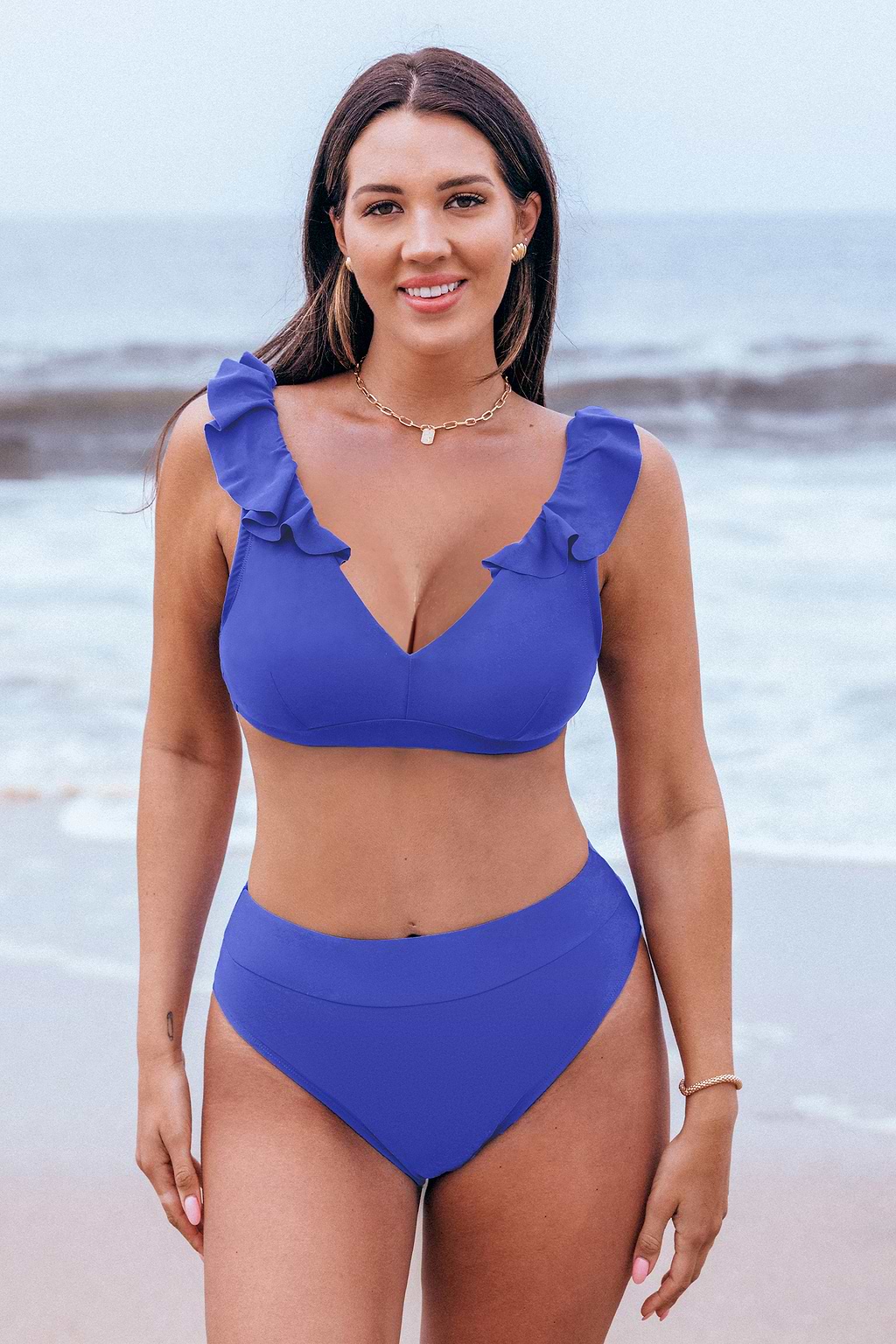 Bikini poitrine généreuse taille haute à volants pervenche