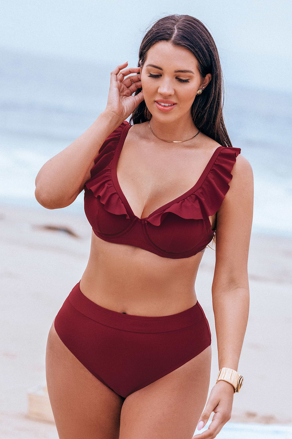 Maroon Underwire DD+ Bikini Top & High-Waisted Bottoms Set