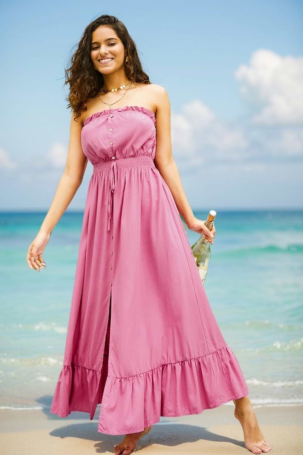 Pink Smocked Waist Front Button Maxi Tube Dress