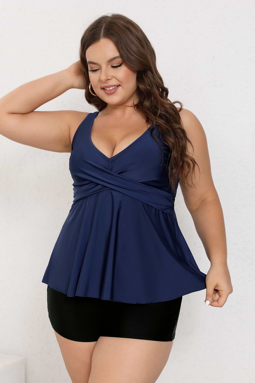 Blue Wrapped Tankini Top & Black High-Rise Boy Shorts Set