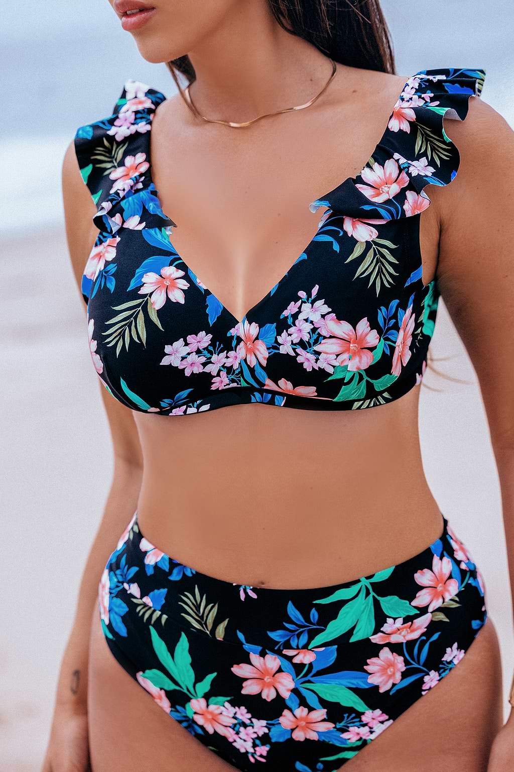 Floral Print DD+ Bikini Top & High-Waisted Bottoms Set