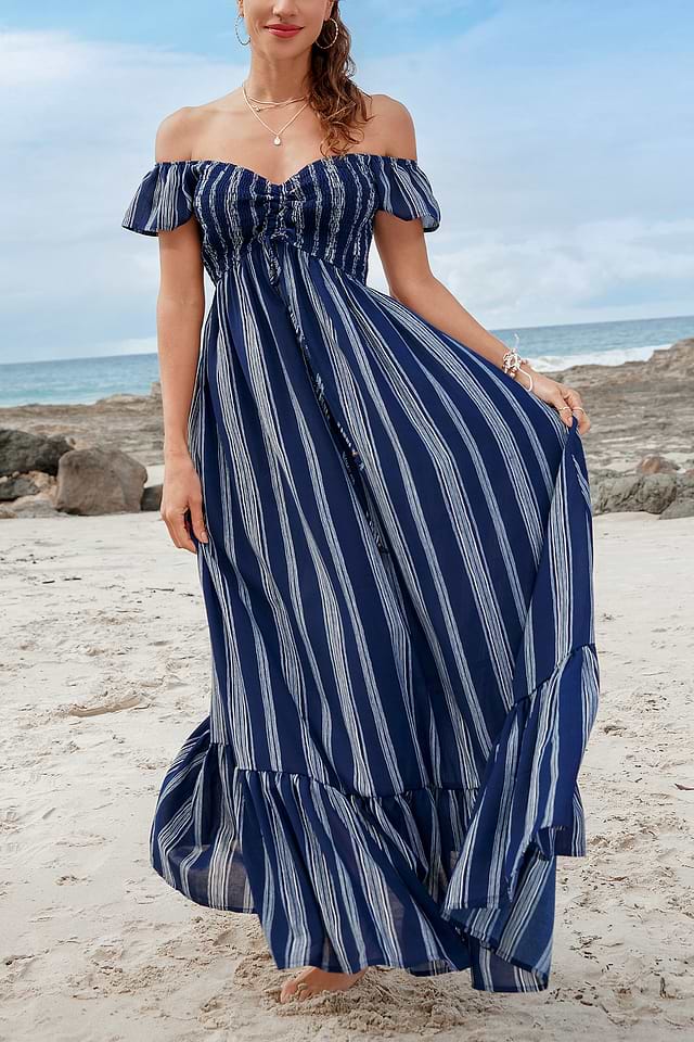 blue dress for baby girl Southern Belle| Multi Colored Striped Color-Block Off-Shoulder Maxi Dress Small main image 1