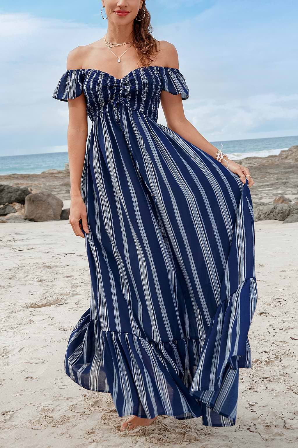 Striped Off-Shoulder Ruffled Maxi Dress