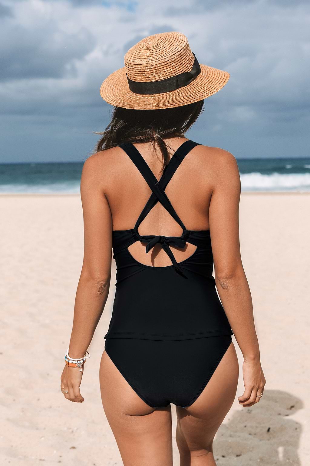 Black Ruched Tankini Top & Mid-Rise Bottoms Set