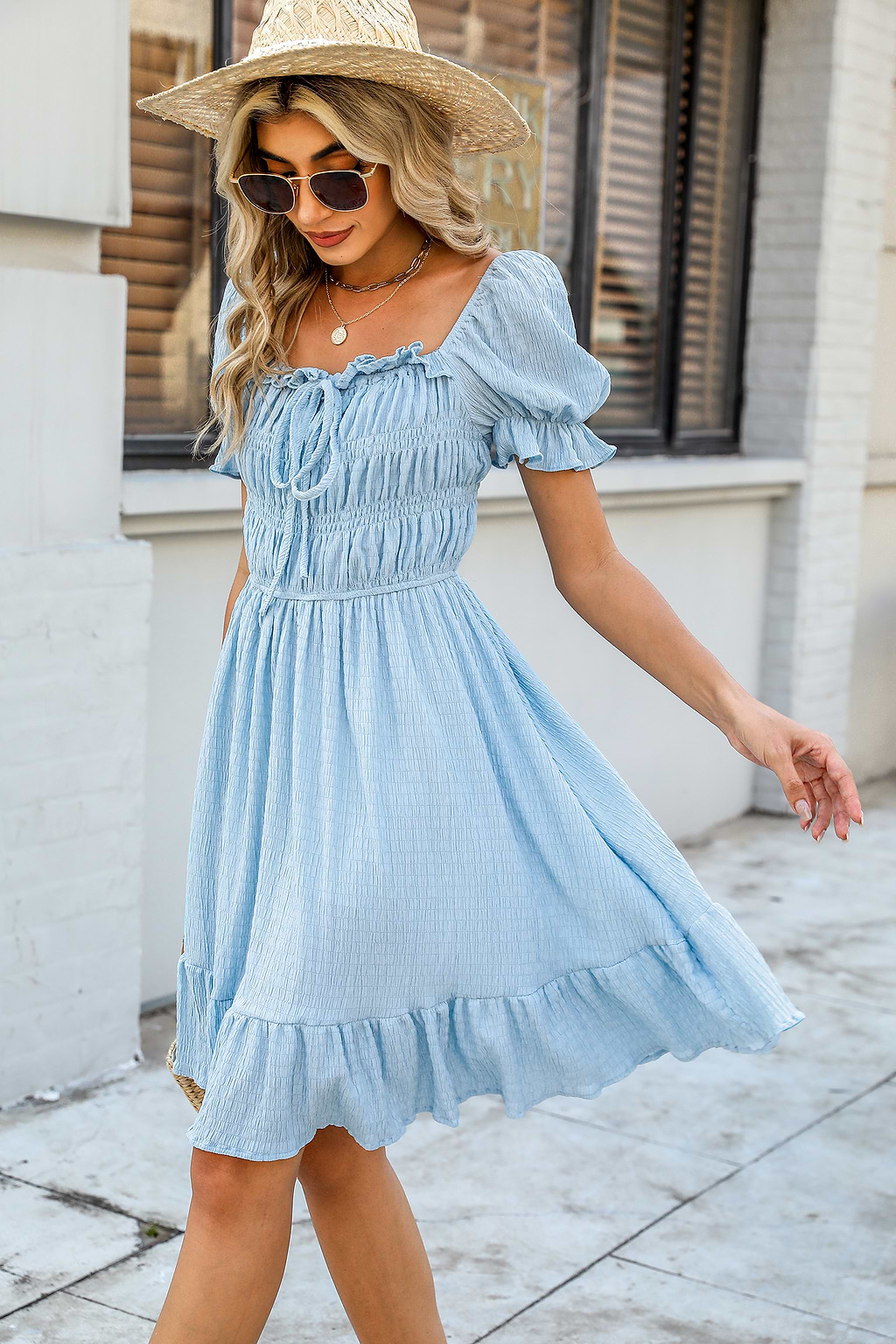 Baby Blue Square Neck Puff Sleeve Mini Milkmaid Dress