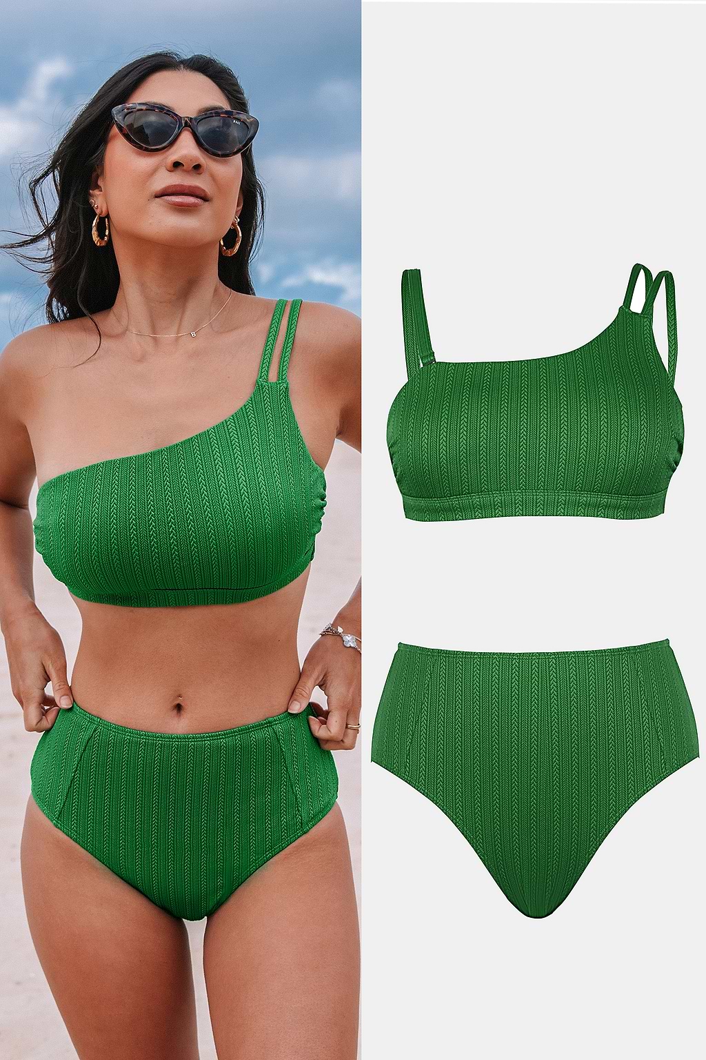 Green One-Shoulder Bikini Top & High-Waisted Bottoms Set
