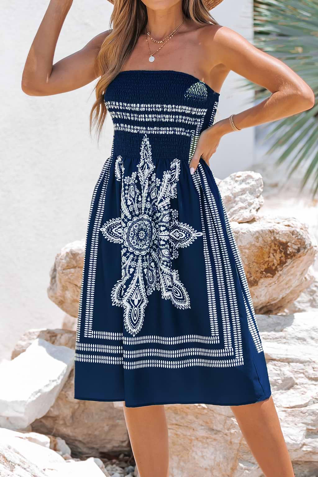 Blue Boho Smocked Bodice Mini Tube Dress