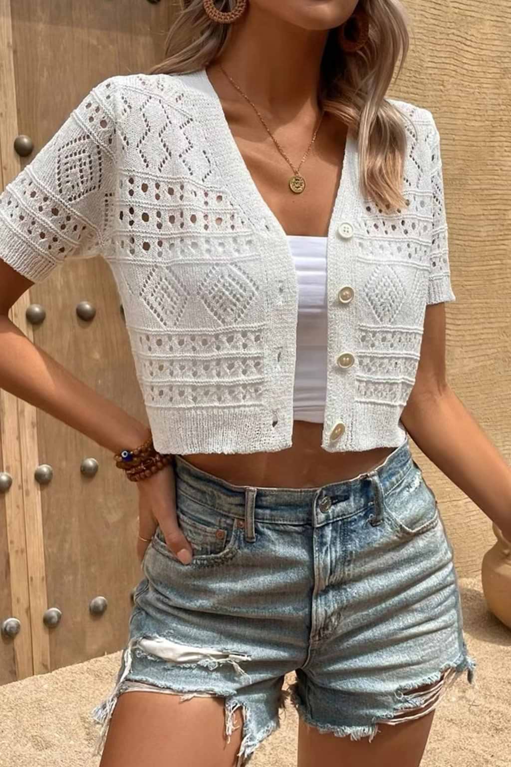 Weißer Kurzarm-Knopf-Cardigan