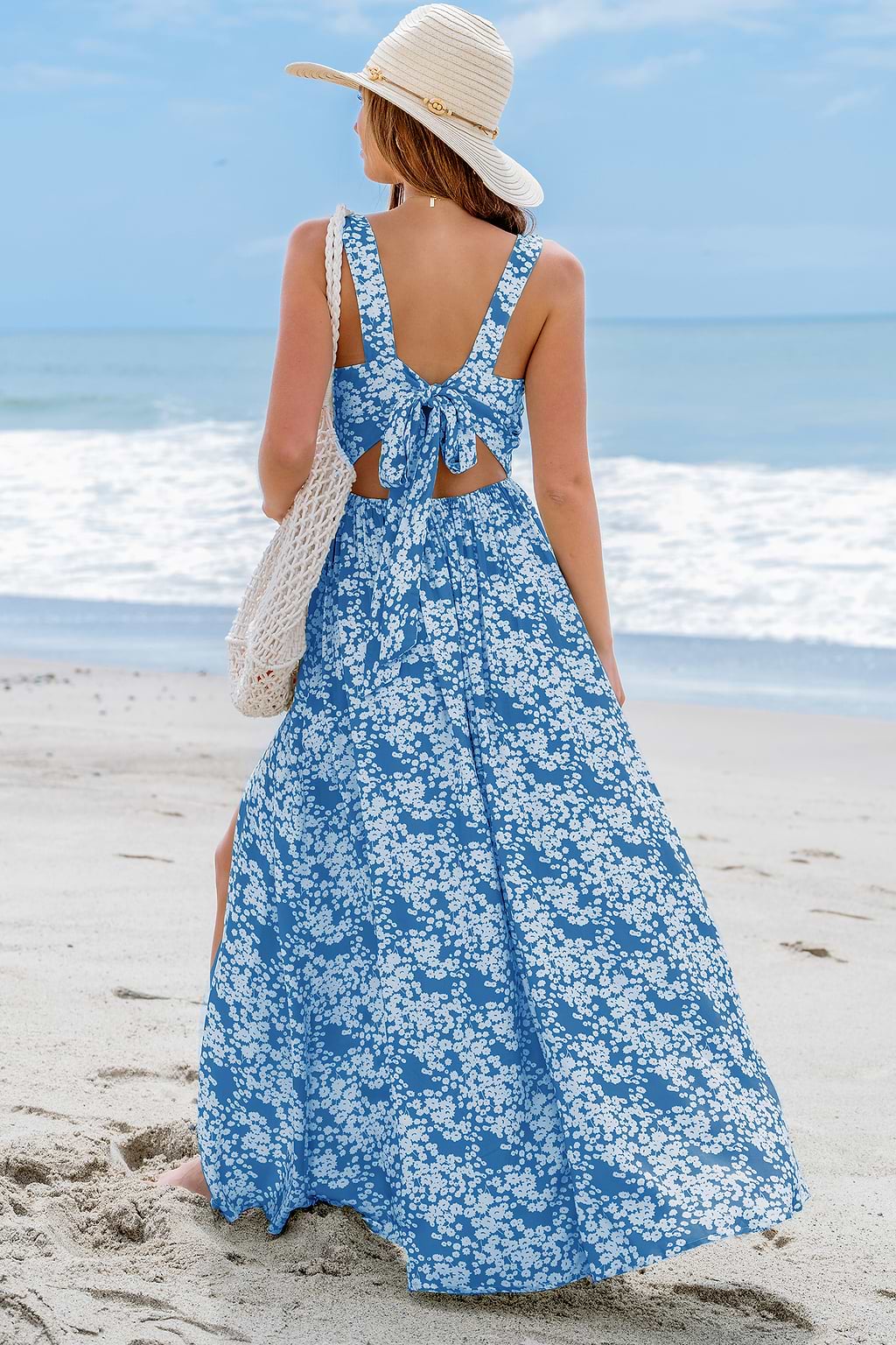 Blue Ditsy Floral Cutout Maxi Dress