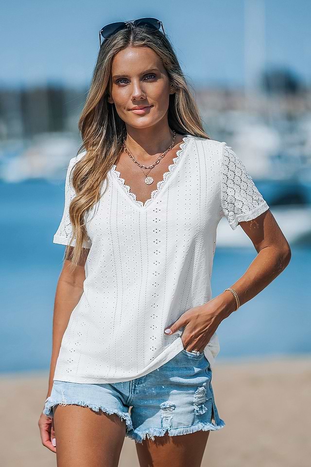 3 SUISSES Chemise à manches courtes Dames T EU 38 blanc-bleu style