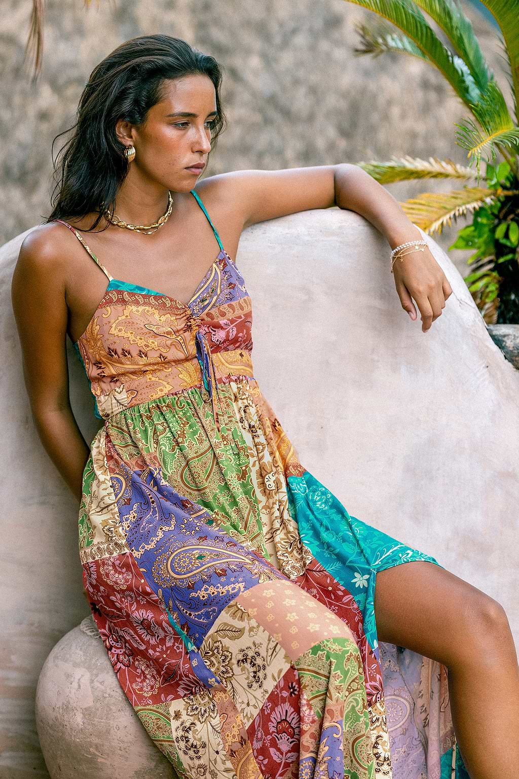 Robe maxi ruchée en patchwork paisley