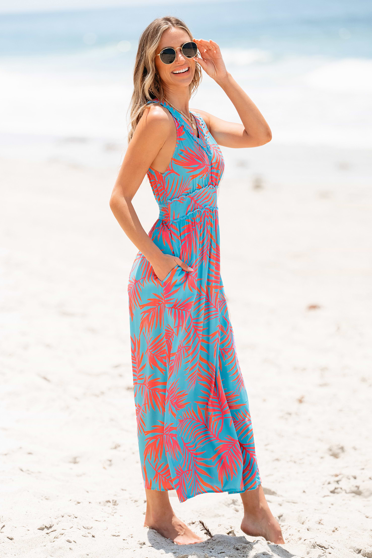 Blue & Red Tropical Sleeveless V-Neck Maxi Dress