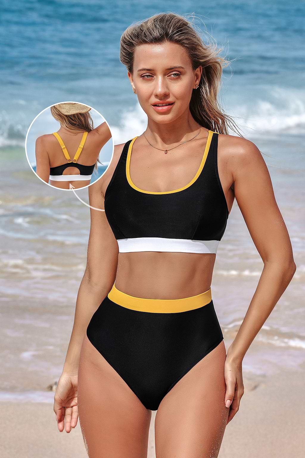 Conjunto de top de bikini con escote redondo y braguitas de tiro alto con bloques de color