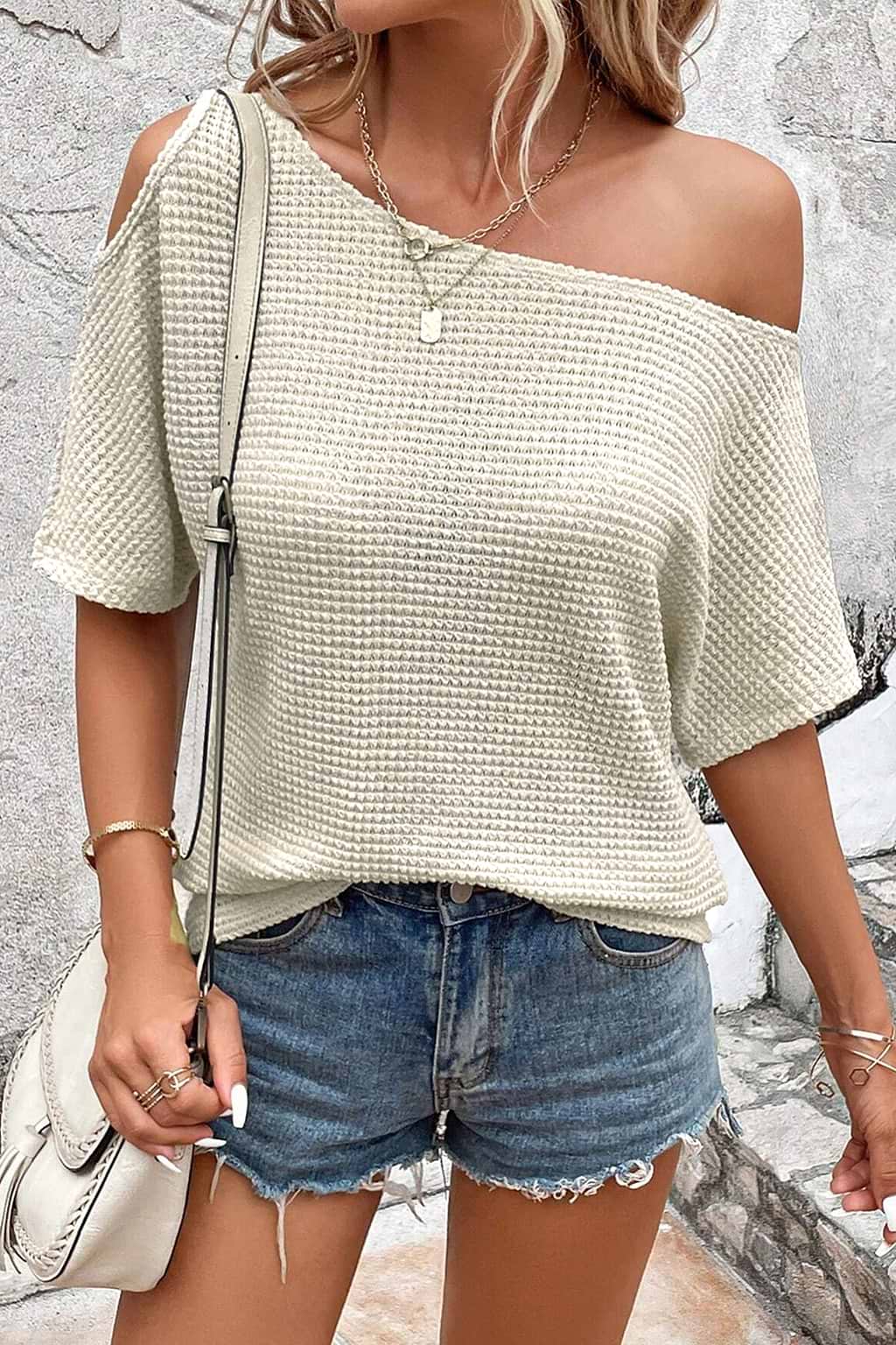 Beige Off-Shoulder Jersey Tee