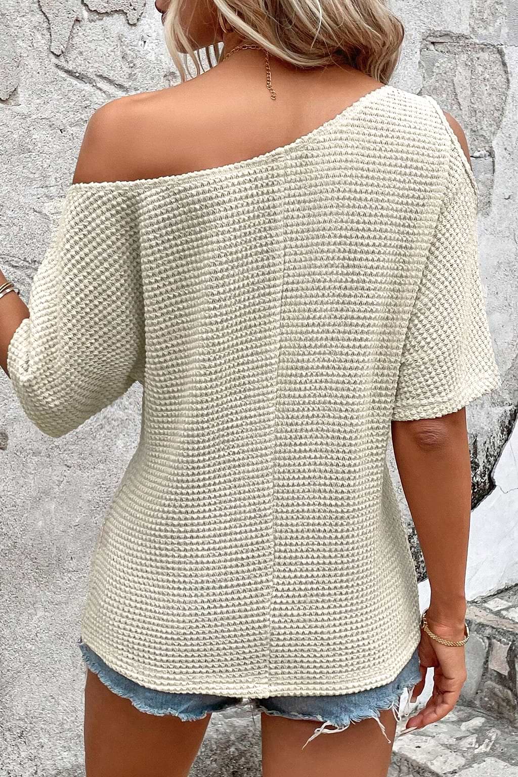 Beige Off-Shoulder Jersey Tee