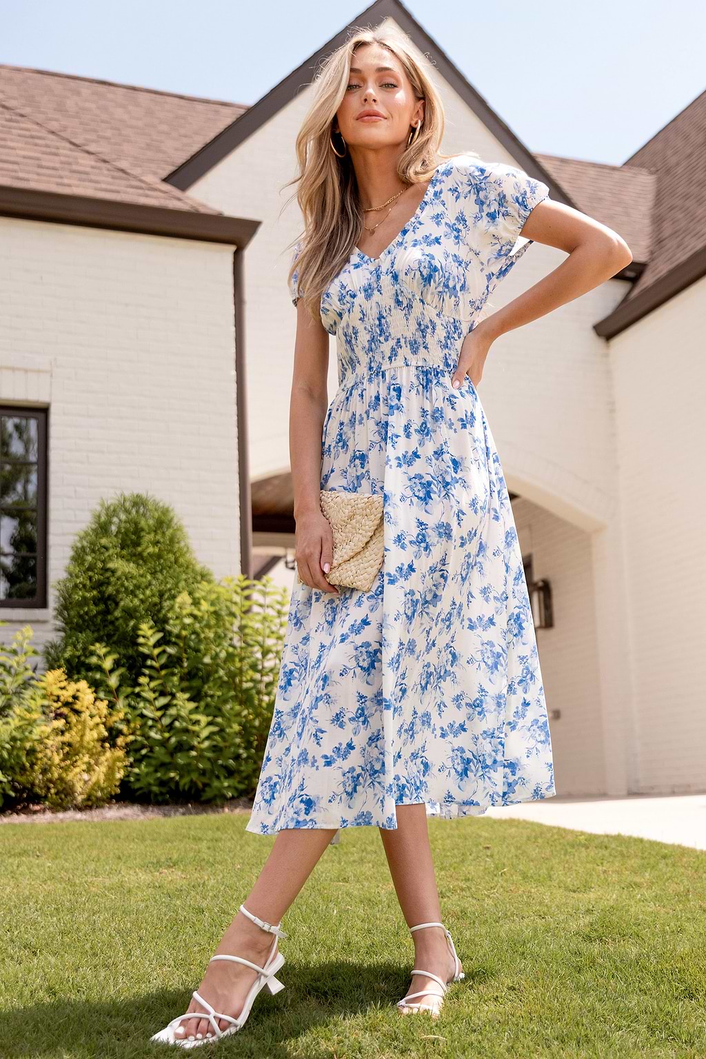 Blue & White Floral Puff Sleeve Smocked Waist Midi Dress