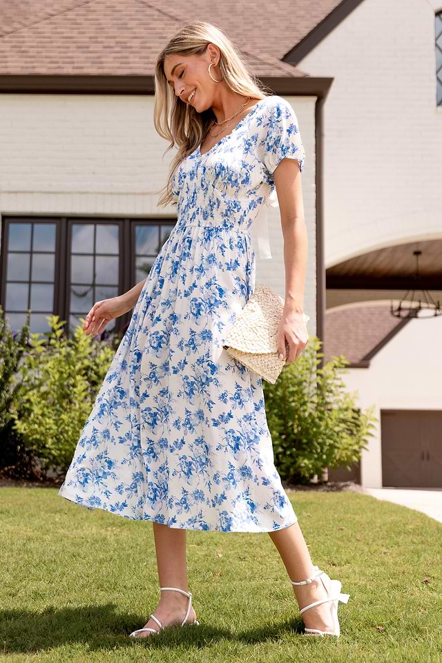 Blue & White Floral Puff Sleeve Smocked Waist Midi Dress