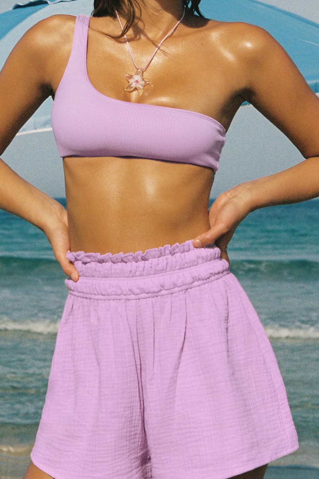 Purple Smocked Paperbag Waist Shorts