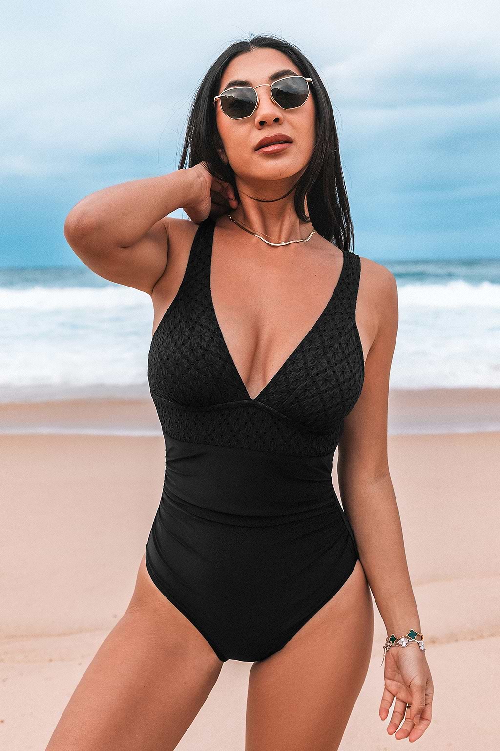 Black Jacquard Plunging Tummy Control One-Piece