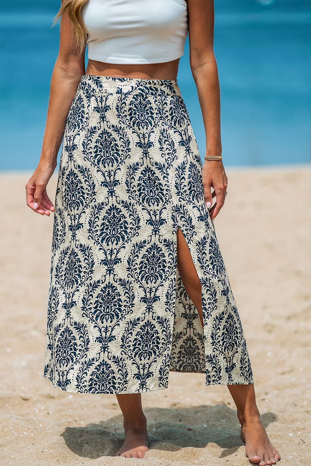 Falda larga recta boho de cintura alta azul