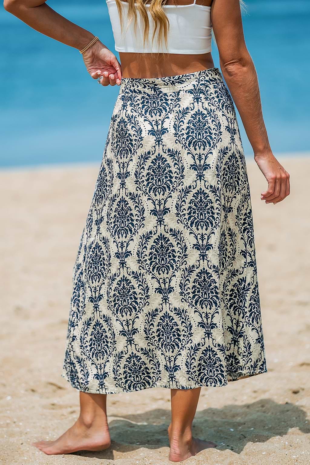 Falda larga recta boho de cintura alta azul