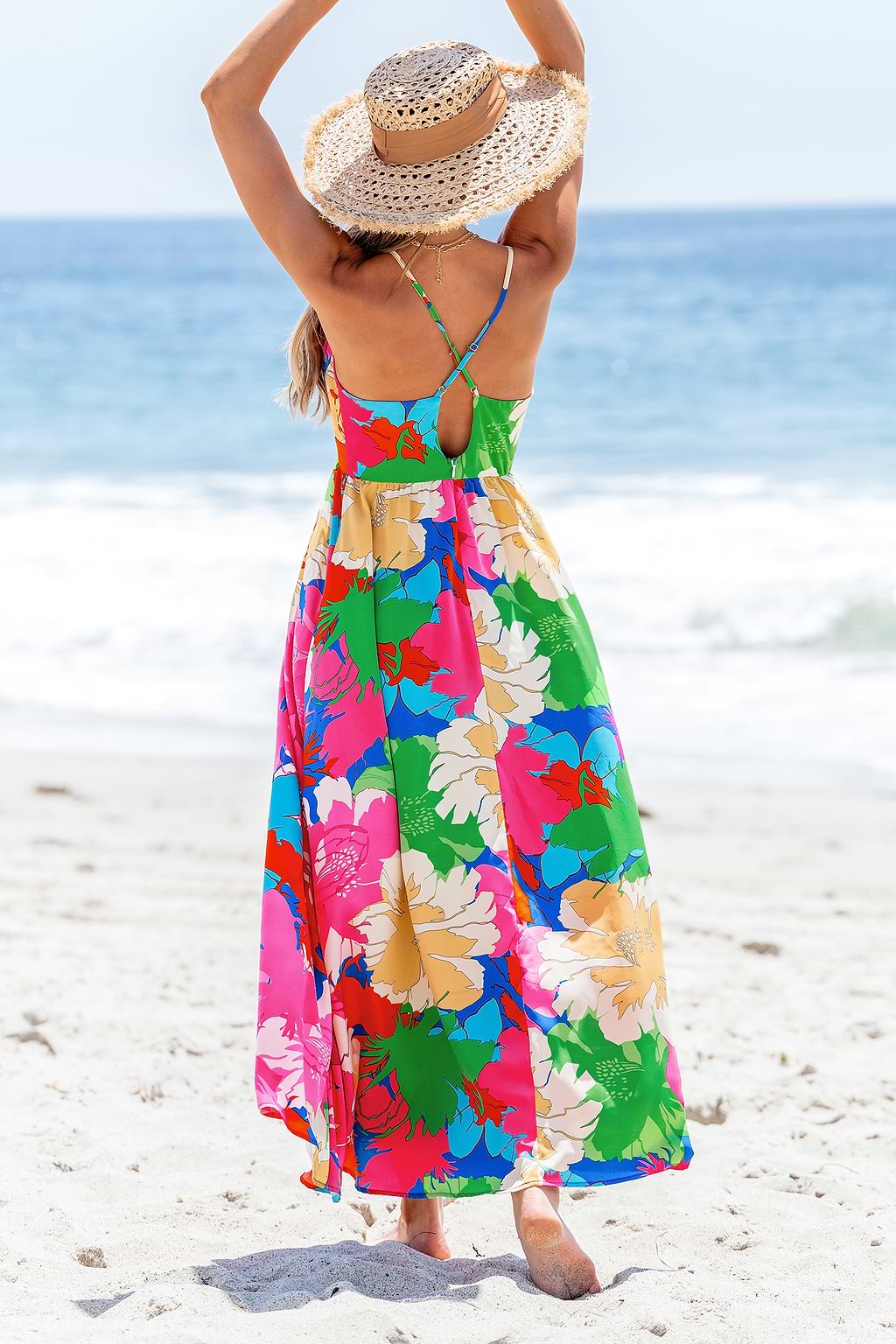 Rosa geblümtes Maxikleid mit V-Ausschnitt