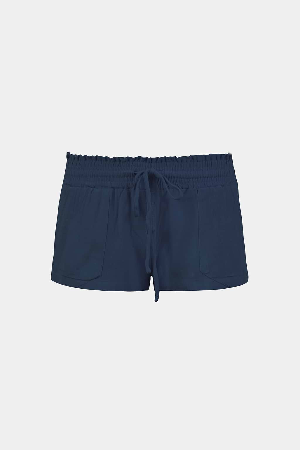 Marineblaue Shorts mit gesmokter Taille und niedrigem Bund