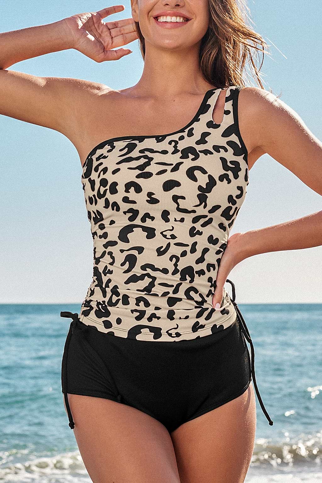 Leopard Print Tankini Top & High-Rise Bottoms Set
