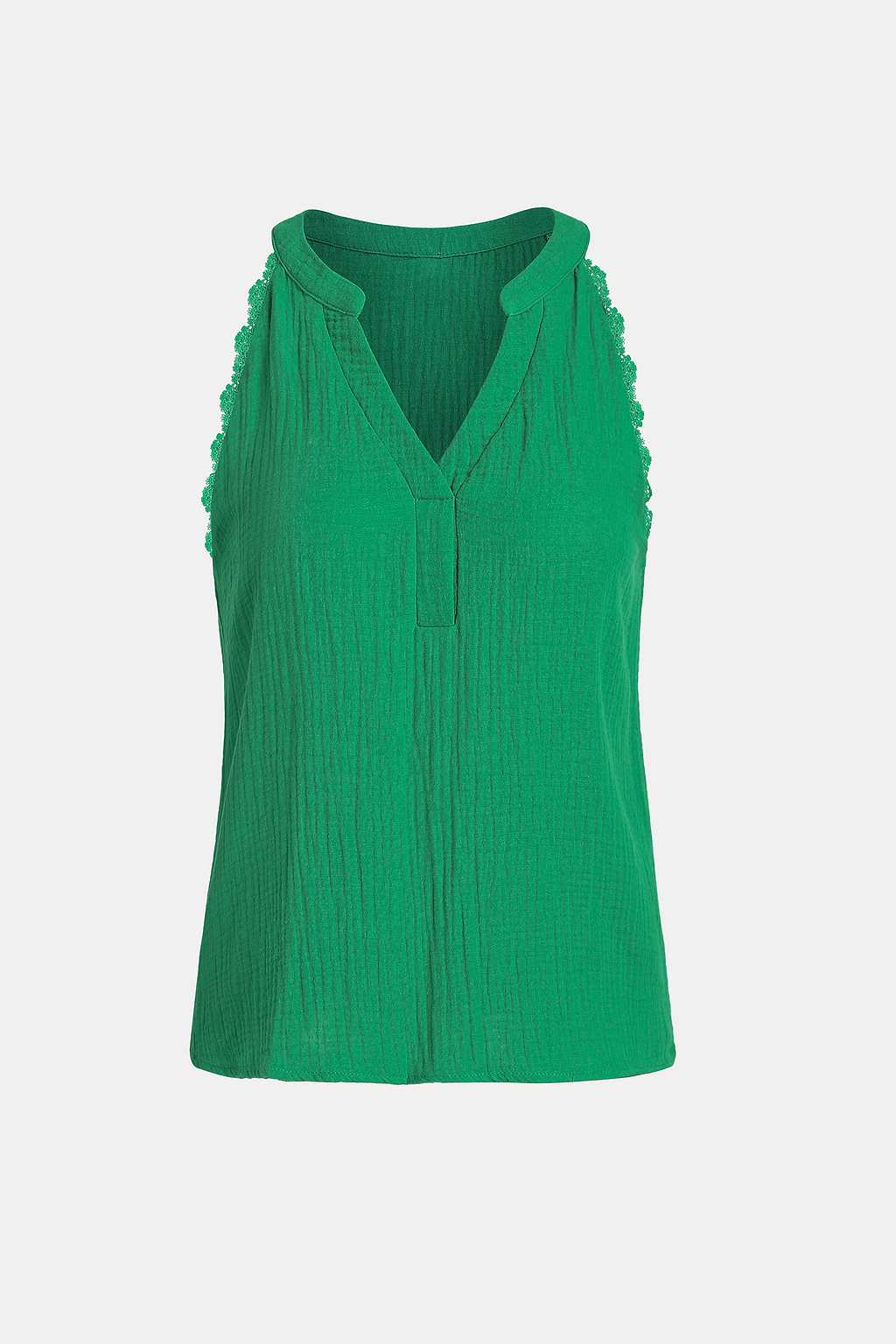 Green Sleeveless V-Neck Lace Trim Top