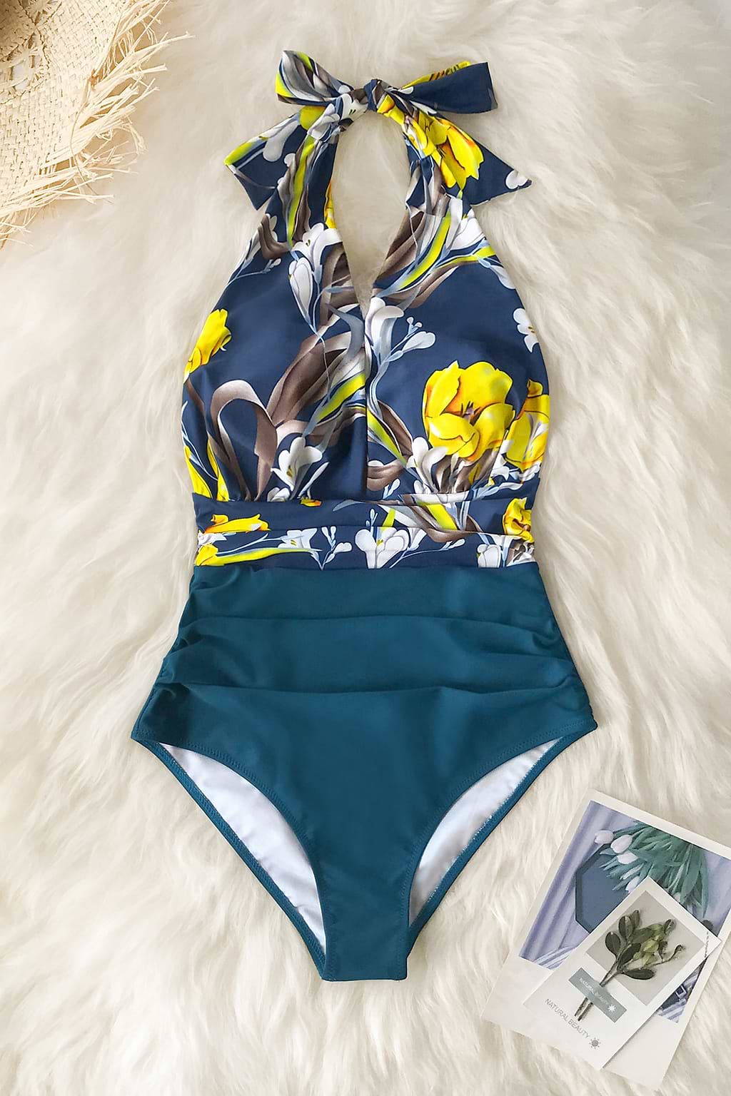 Ruched Halter Blue One Piece Swimsuit