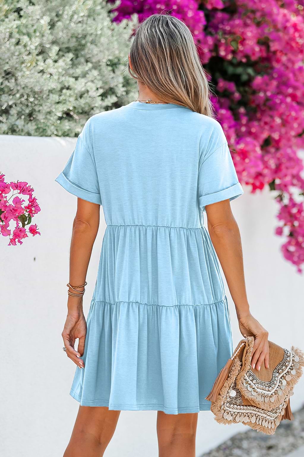 Blue Round Neck Short Sleeve Drop Shoulder Mini Dress