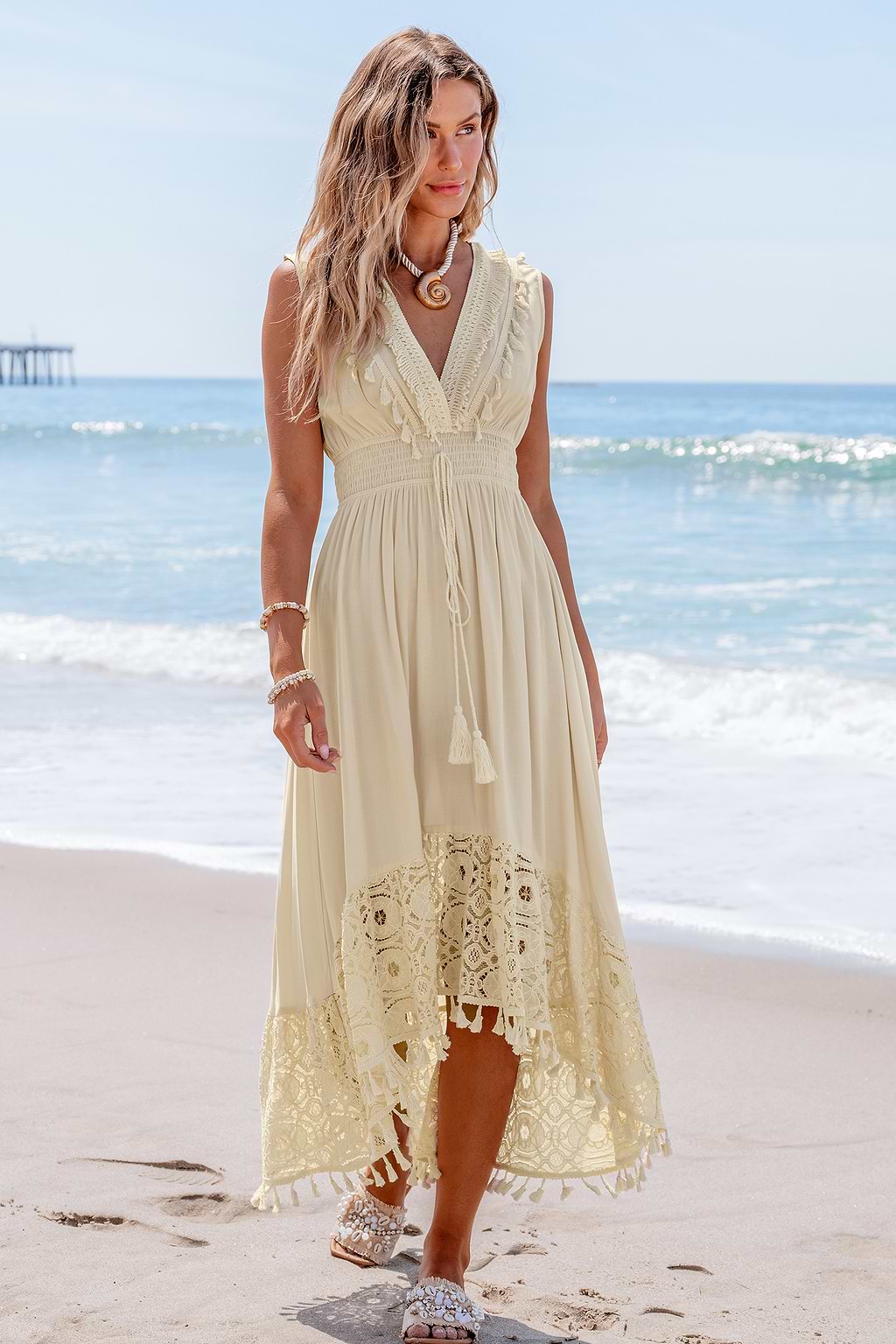 Beige Lace & Tassel Sleeveless Midi Dress