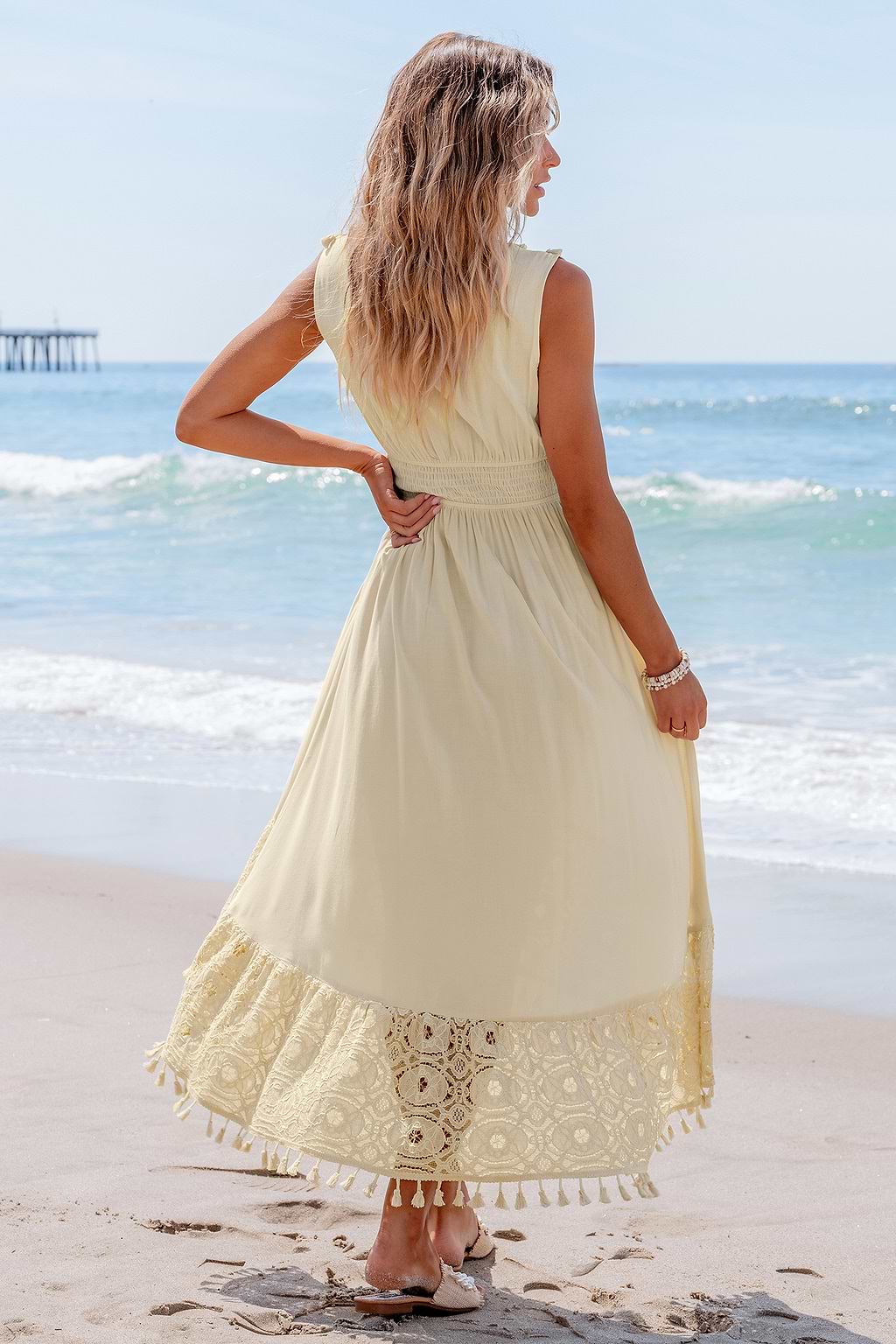 Beige Lace & Tassel Sleeveless Midi Dress