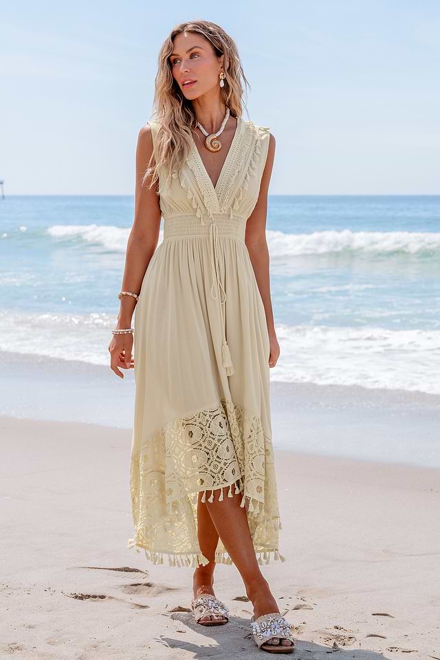 chinese dress ladies Beige Lace Maxi Dress