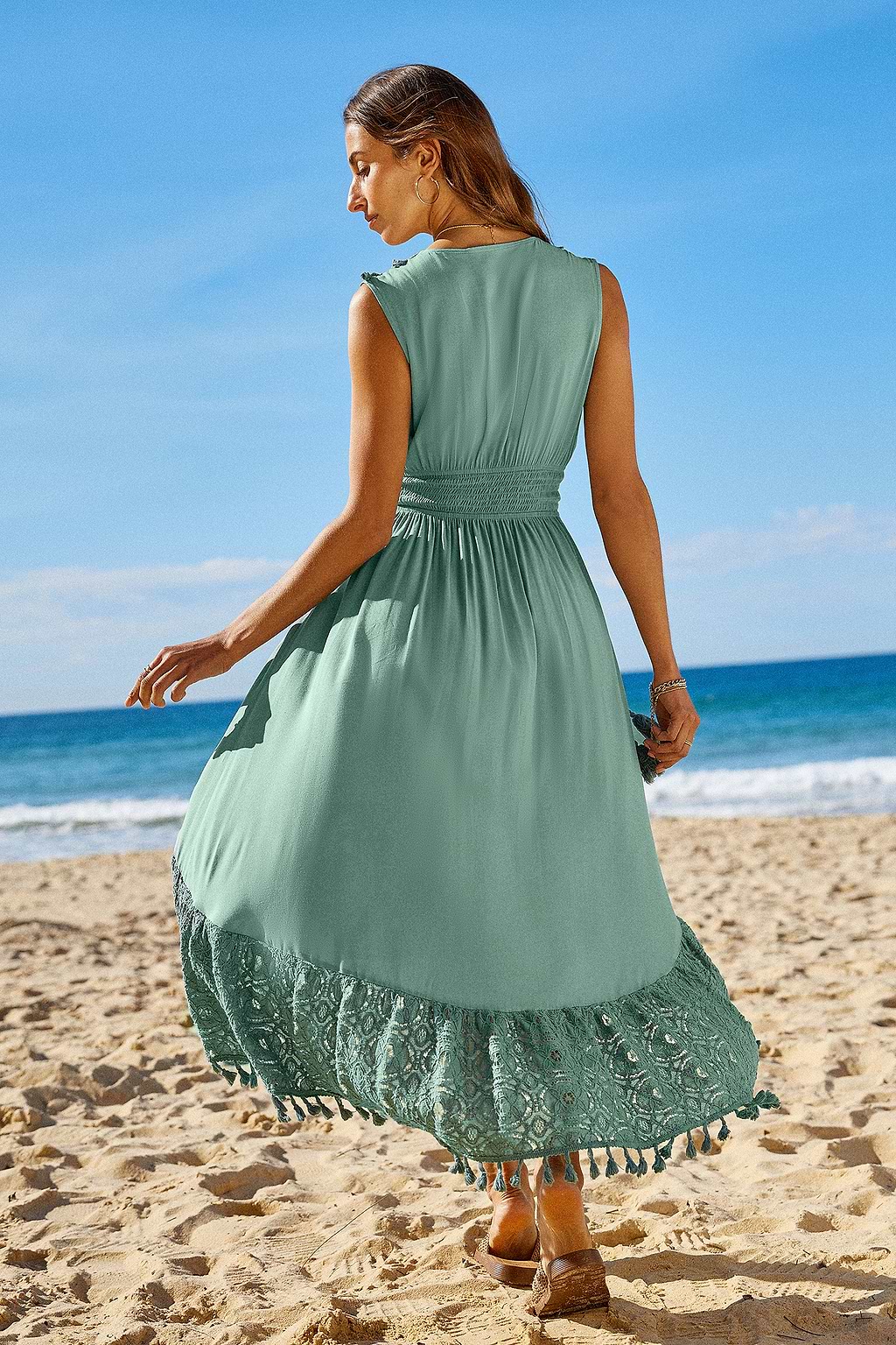 Green Sleeveless High-Low Lace Hem Dress