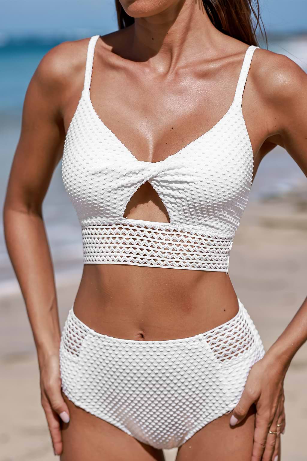 White Twisted Bikini Top & High-Waisted Bottoms Set