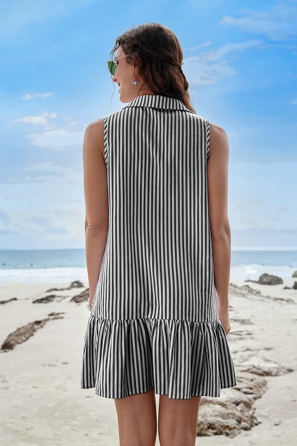 Black and White Striped Sleeveless Collared Mini Dress