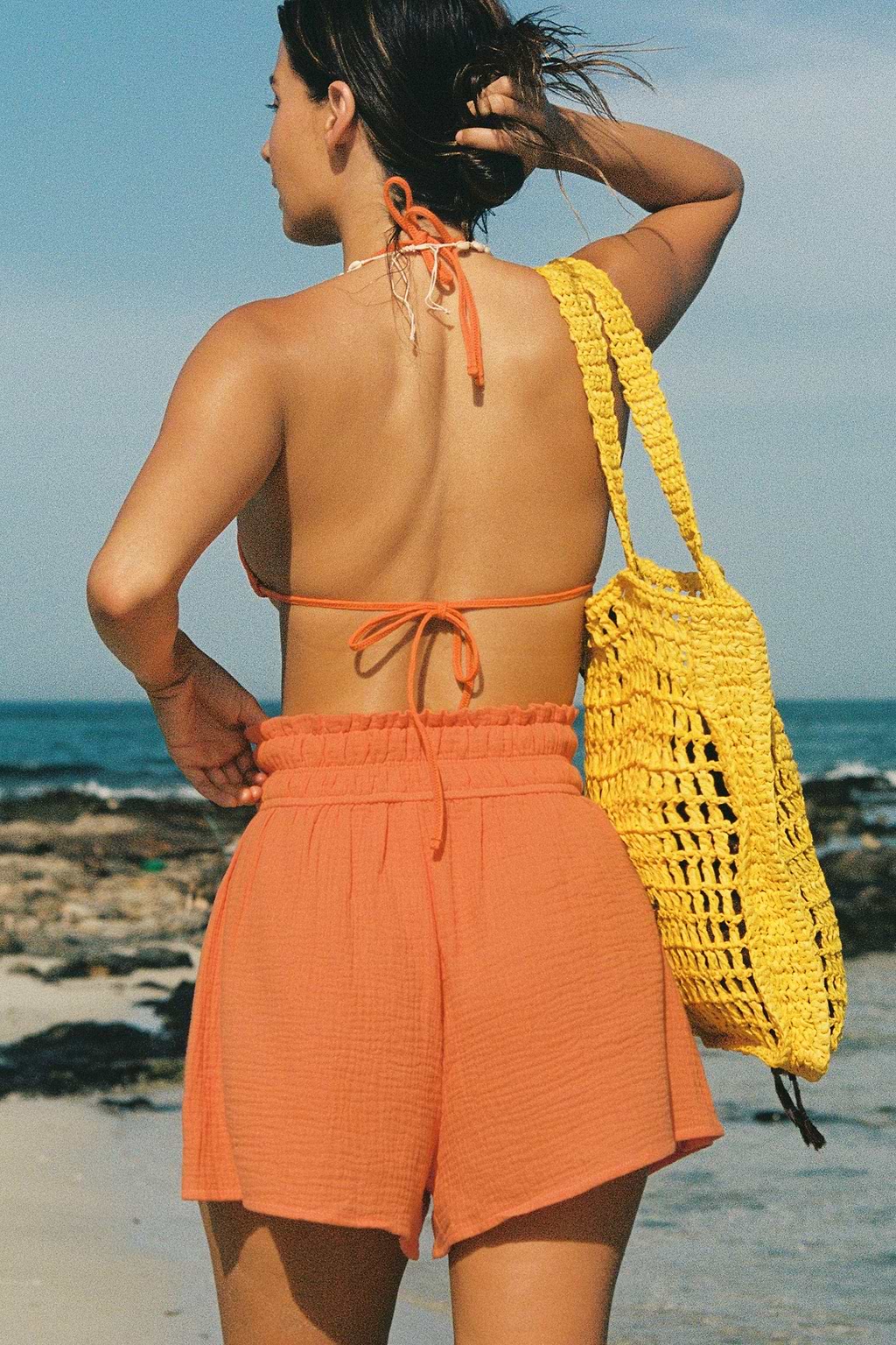 Orange Smocked Paperbag Waist Shorts