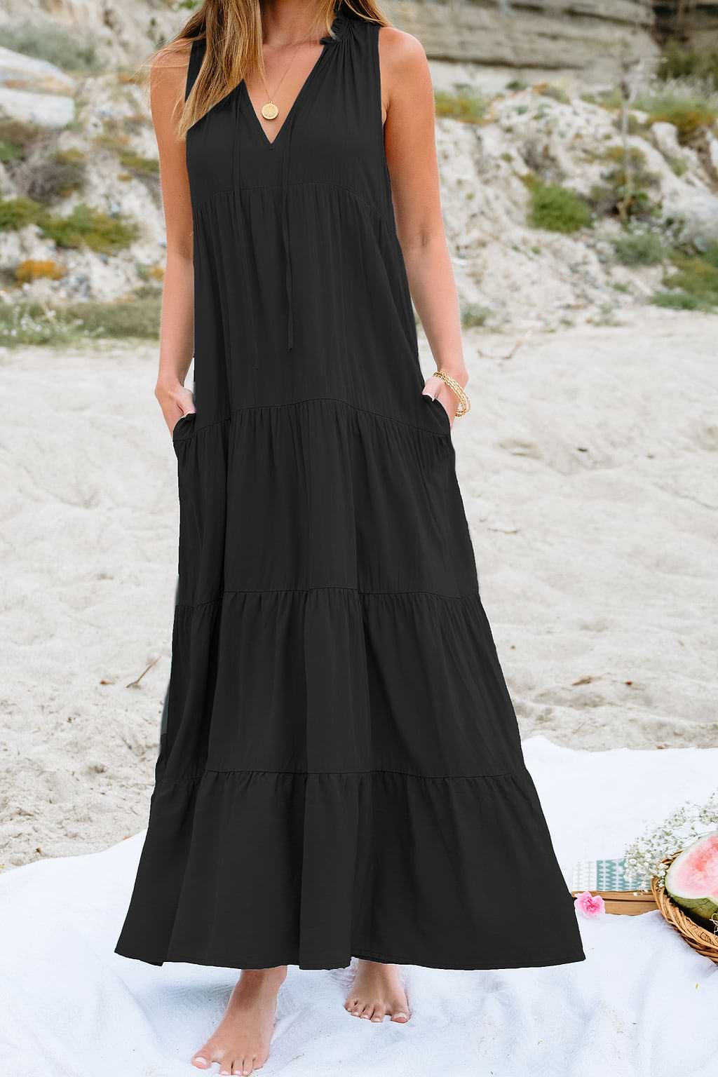 Black Sleeveless Split Neck Maxi Dress