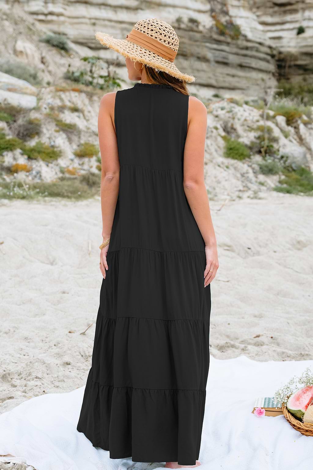 Black Sleeveless Split Neck Maxi Dress