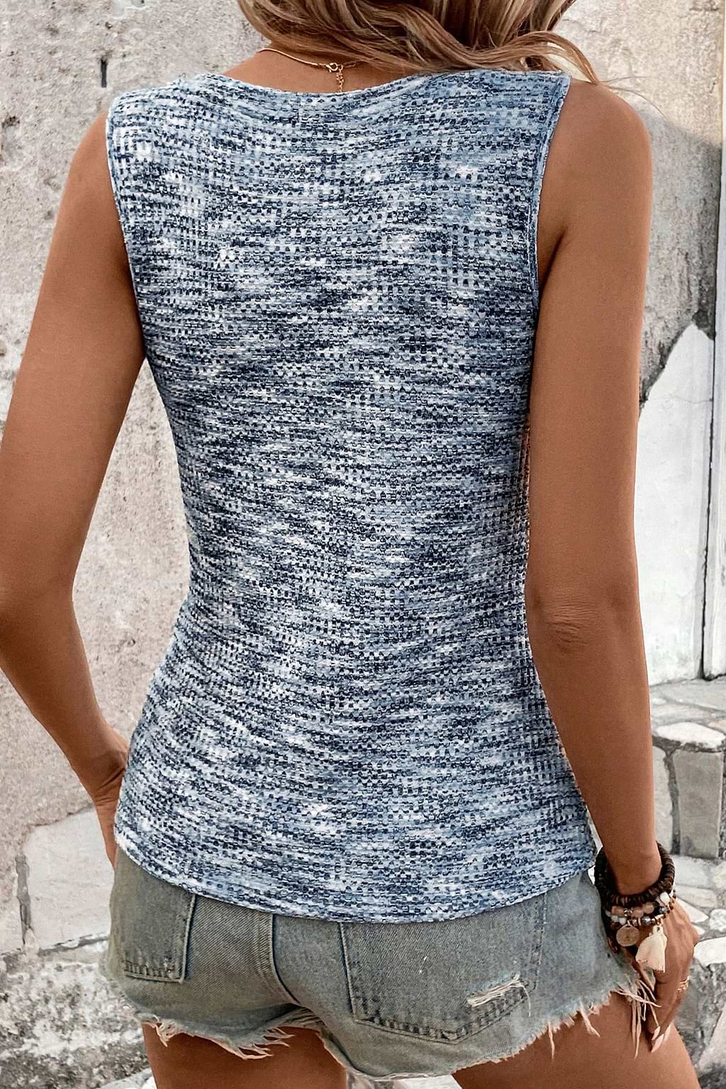 Gemêleerde marineblauwe mouwloze jersey top met V-hals