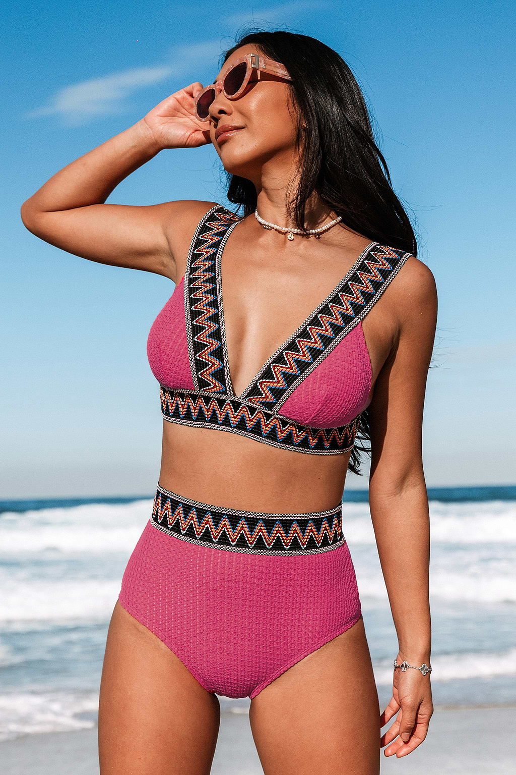 Chevron Stitch Plunging Bikini Top & High-Rise Bottoms Set