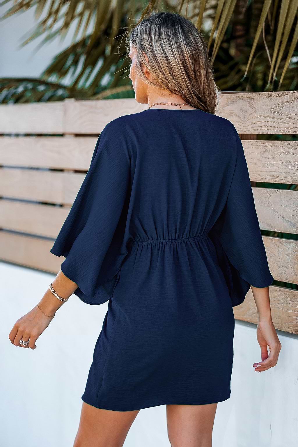 Blue Flared Sleeve V-Neck Mini Dress