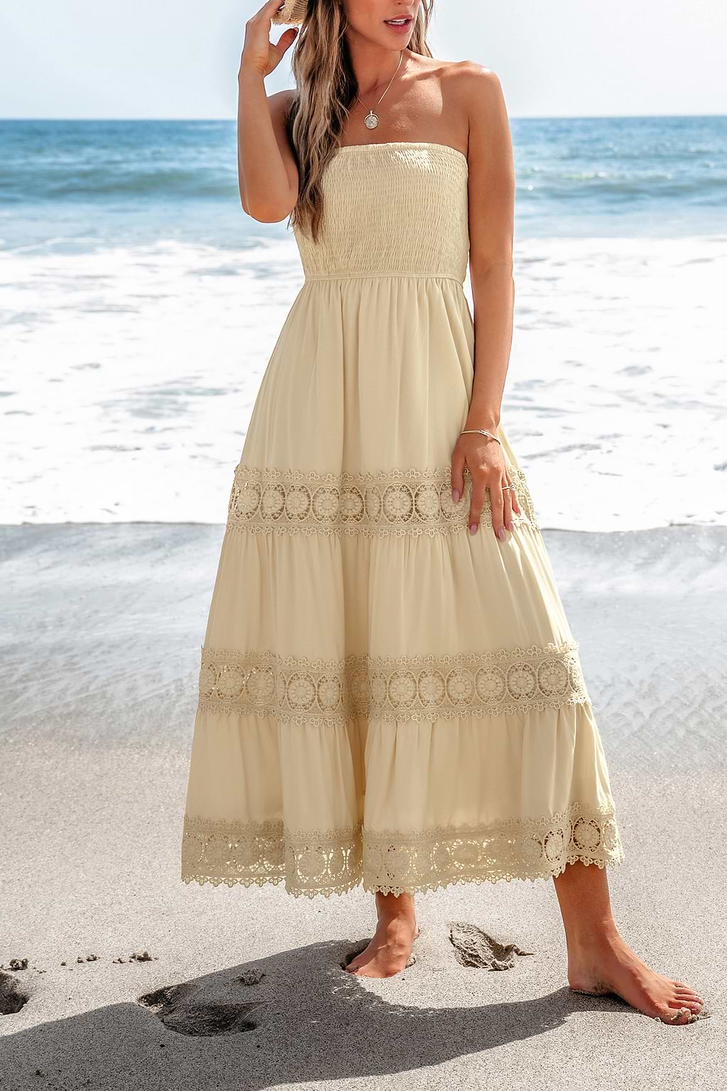 Apricot Smocked Bodice Lace Trim Midi Tube Dress