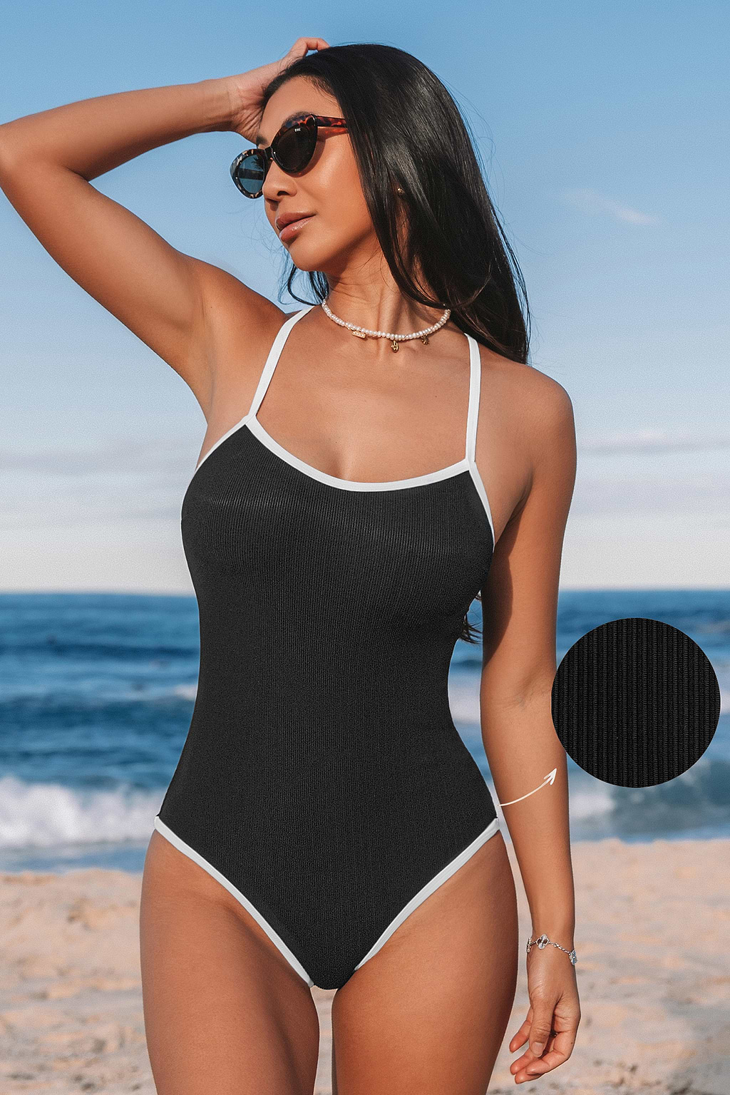 Black Ribbed Crossback Standard Coverage One-Piece