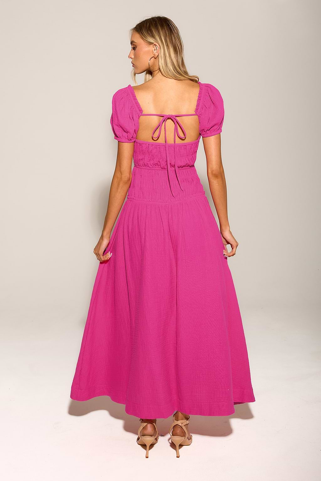 Pink Square Neck Puff Sleeve Milkmaid Dress